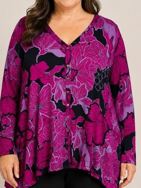 Chico’s Travelers 4 Pink Purple Floral V Neck Button Tunic Top 2X